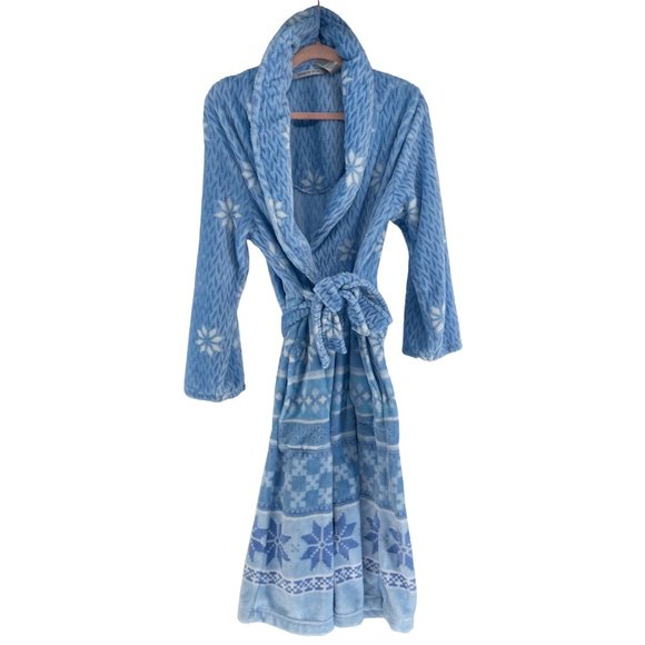 Jasmine Rose Women's Size Medium Blue/White Snowflake Print Plush Bathrobe - Picture 1 of 5